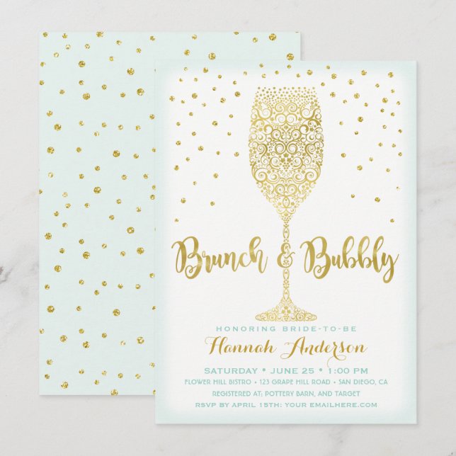 Faux Gold & Mint Brunch & Bubbly Bridal Shower Invitation (Front/Back)