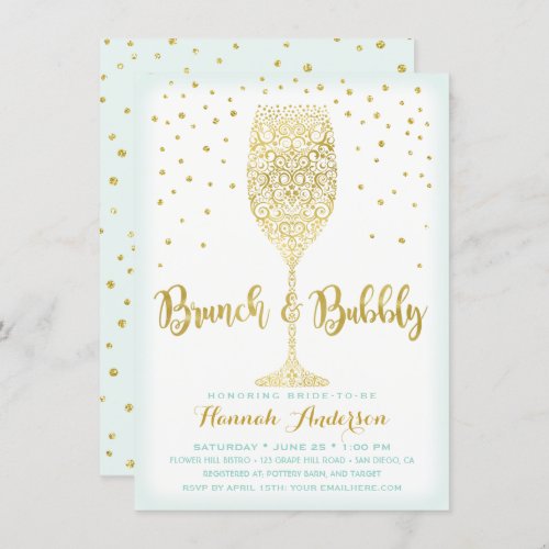 Faux Gold  Mint Brunch  Bubbly Bridal Shower Invitation