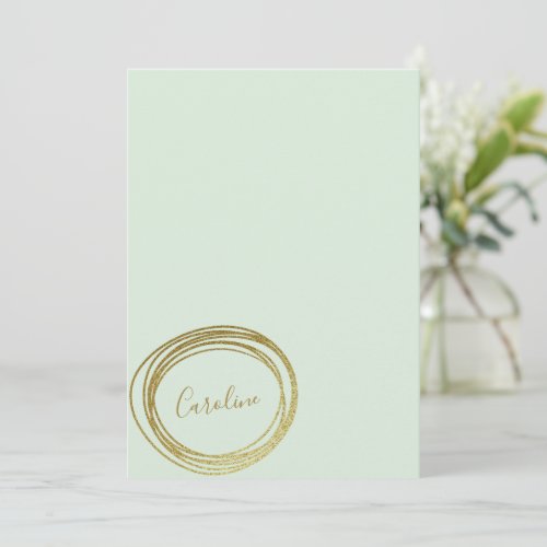 Faux Gold Mint Green Abstract Circle Script Name Note Card