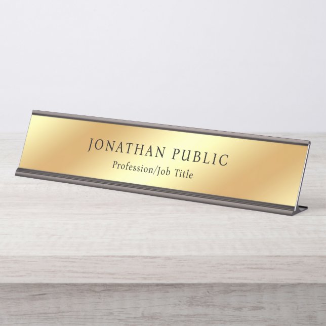 Faux Gold Modern Elegant Design Custom Template Desk Name Plate (Front)