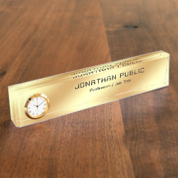 Faux Gold Modern Glamorous Template With Clock Desk Name Plate