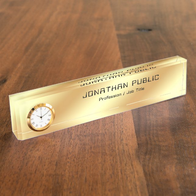 Faux Gold Modern Glamorous Template With Clock Desk Name Plate (Side)