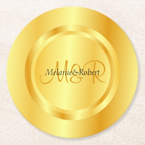 Faux Gold Modern Monogram Elegant Custom Template Round Paper Coaster