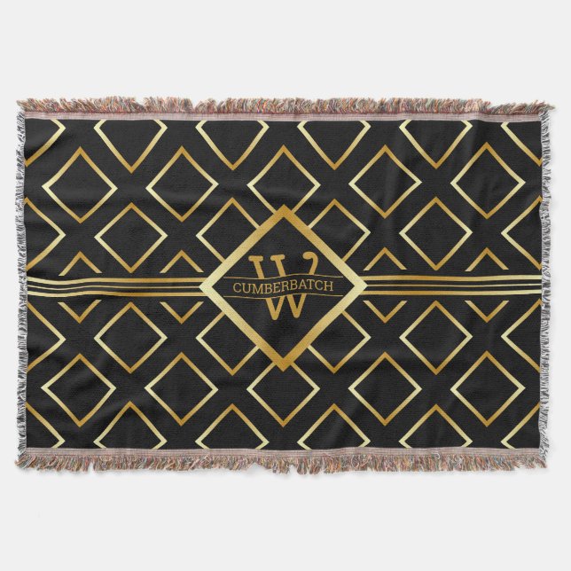 Faux Gold Monogram - Black and Gold Throw Blanket (Front)