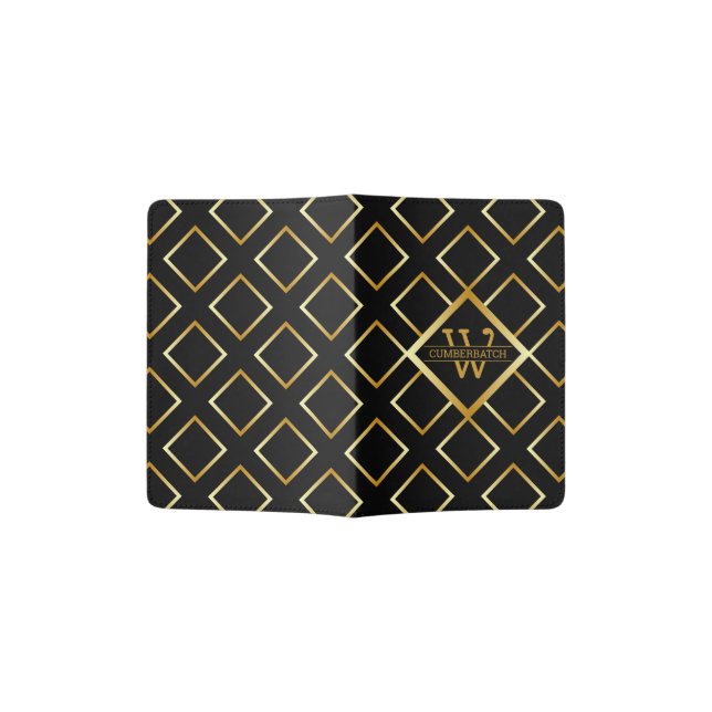 Faux Gold Monogram – Black & Gold Passport Holder (Opened)