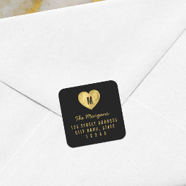 Faux Gold Monogram Heart Family Return Address Square Sticker