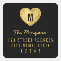 Faux Gold Monogram Heart Family Return Address Square Sticker