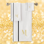 Faux Gold Monogrammed Black Racing Stripes White Bath Towel Set<br><div class="desc">Create your own custom, personalized, cool, classy, stylish, classic, black racing stripes design, modern, minimalist, elegant faux gold calligraphy typography script font monogrammed initial on white color background, trendy, machine washable, bath towel set that includes 30" x 60" bath towel, 16" x 28" hand towel and 13" x 13" washcloth....</div>