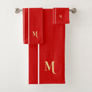Faux Gold Monogrammed Red White Racing Stripes Bath Towel Set