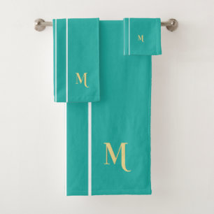 Faux Gold Monogrammed Teal White Racing Stripes Bath Towel Set