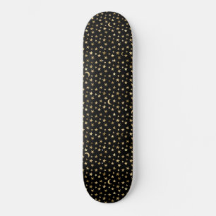 Faux Gold Moon and Stars on Black Skateboard