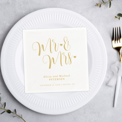 Faux gold Mr and Mrs simple calligraphy wedding Napkins
