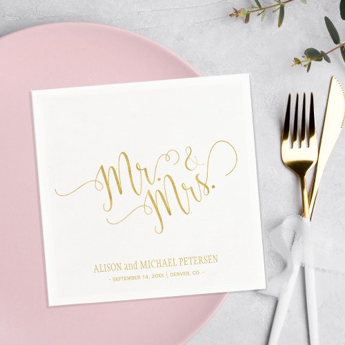 Faux gold mr and mrs simple calligraphy wedding paper napkins