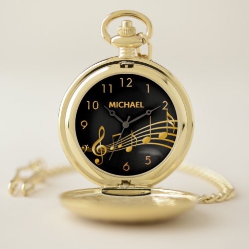 Faux gold music notes black name numbers pocket watch