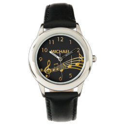 Faux gold music notes black name numbers watch