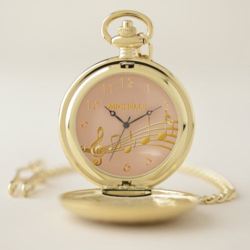 Faux gold music notes copper name numbers pocket watch