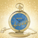 Faux gold music notes ocean blue name numbers pocket watch<br><div class="desc">Simple and elegant for a music lover or musician! Ocean,  sea blue background with faux gold music notes. Template for your name,  golden letters.  Golden clock numbers.</div>