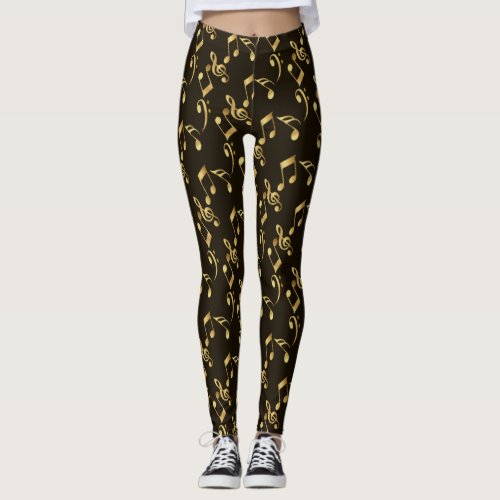 Faux gold music notes on brown black  leggings
