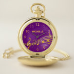 Faux gold music notes purple name numbers pocket watch<br><div class="desc">Simple and elegant for a music lover or musician! Chic girly and feminine Purple colored background with faux gold music notes. Template for your name,  golden letters.  Golden clock numbers.</div>