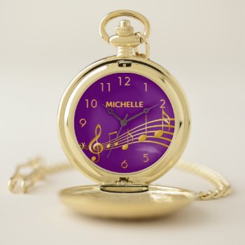 Faux Gold Music Notes Purple Name Numbers Pocket Watch by EllenMariesParty at Zazzle