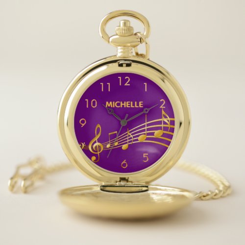 Faux gold music notes purple name numbers pocket watch