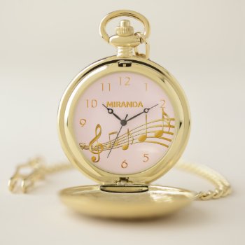 Faux Gold Music Notes Rose Gold Name Numbers Pocket Watch by EllenMariesParty at Zazzle