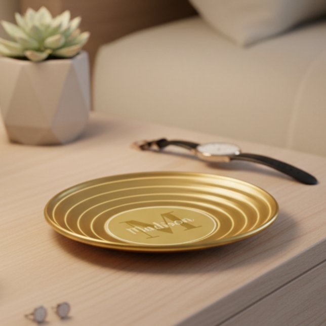 Faux Gold Name and Monogram Personalized Ring Dish (Personalized gift idea for her: a monogrammed trinket tray with a custom name.)