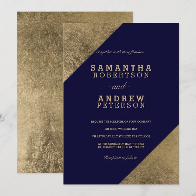 Faux gold navy blue elegant wedding color block invitation (Front/Back)