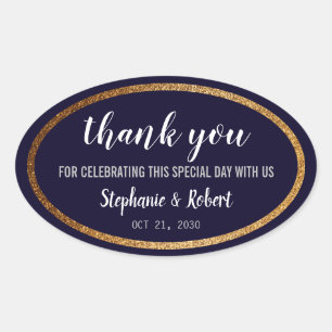 Faux Gold Navy Blue Modern Elegant Wedding Oval Sticker