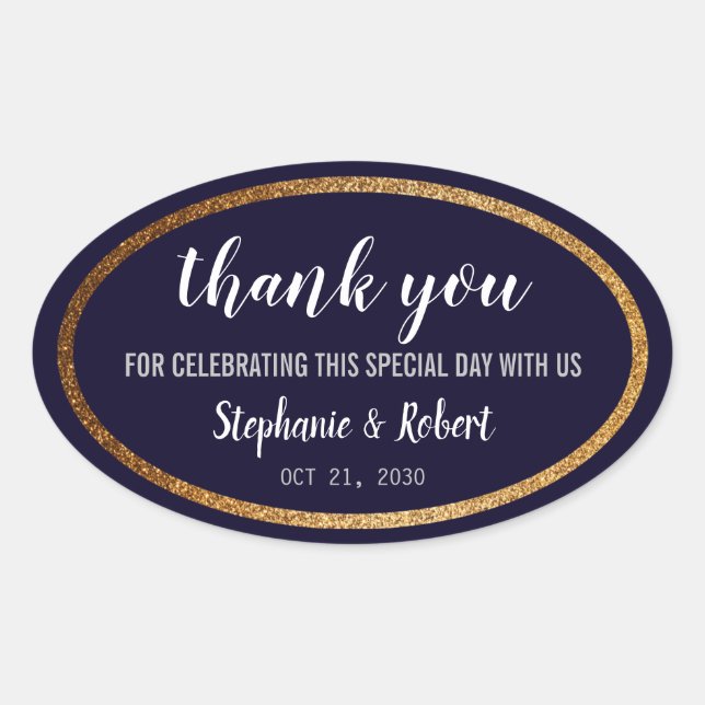 Faux Gold Navy Blue Modern Elegant Wedding Oval Sticker (Front)