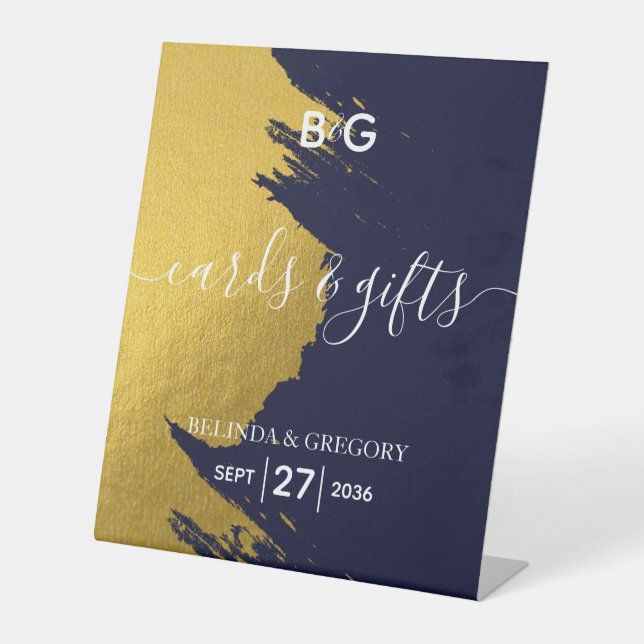 Faux Gold Navy Blue Monogram Wedding Cards & Gifts Pedestal Sign (Front)