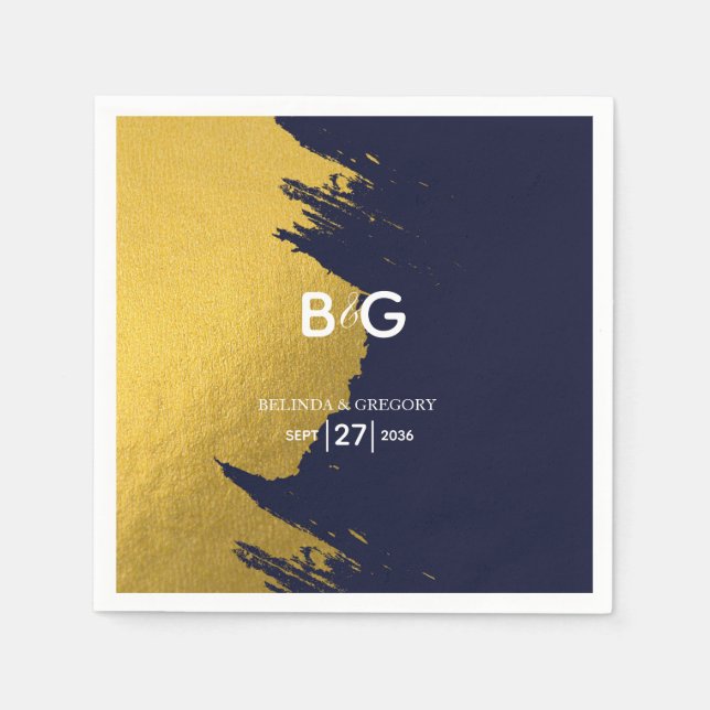 Faux Gold Navy Blue Monogram Wedding  Napkins (Front)