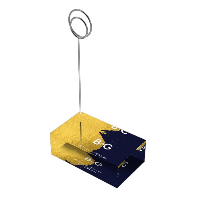 Faux Gold Navy Blue Monogram Wedding Table Number Place Card Holder (Corner)