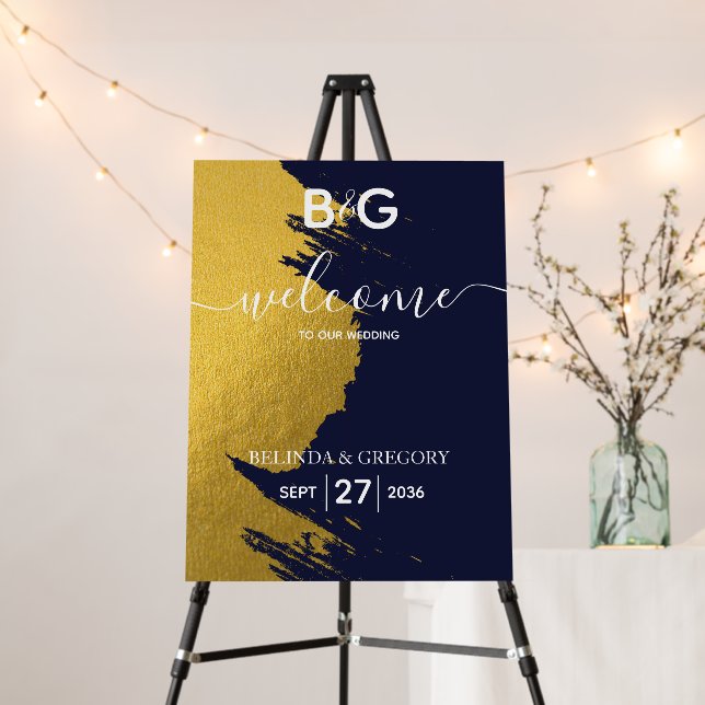 Faux Gold Navy Blue Monogram Wedding Welcome Foam Board (In Situ (Stand))