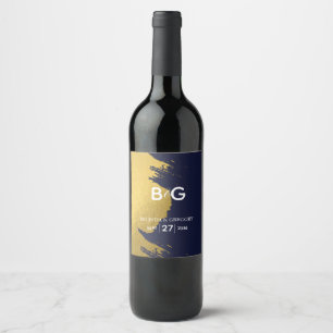 Faux Gold Navy Blue Monogram Wedding Wine Label