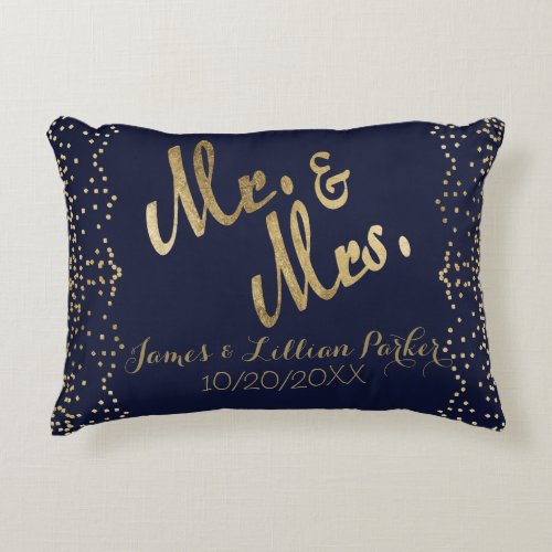 Faux Gold Navy Blue Mr and Mrs Monogram Wedding Accent Pillow