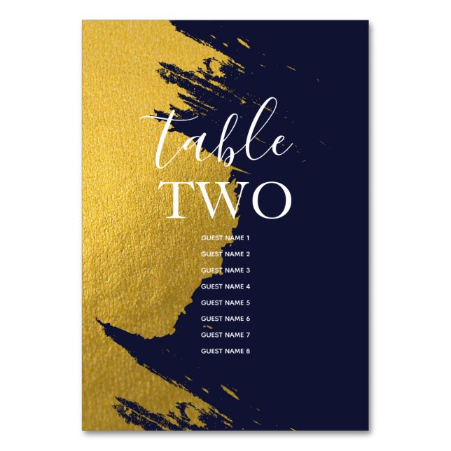 Faux Gold Navy Blue Wedding Guest Names Table Number (Front)