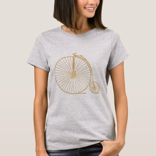 Faux Gold Old Fashioned Unicycle Line Drawing T_Shirt