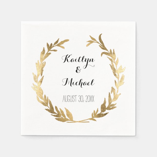 Faux Gold Olive Leaf Laurel Wreath Bride Reception Paper Napkins (Front)