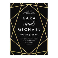 Faux Gold on Black Modern Geometric Wedding Card