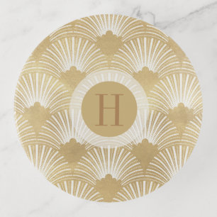 Faux Gold On White Art-Deco Pattern Trinket Tray