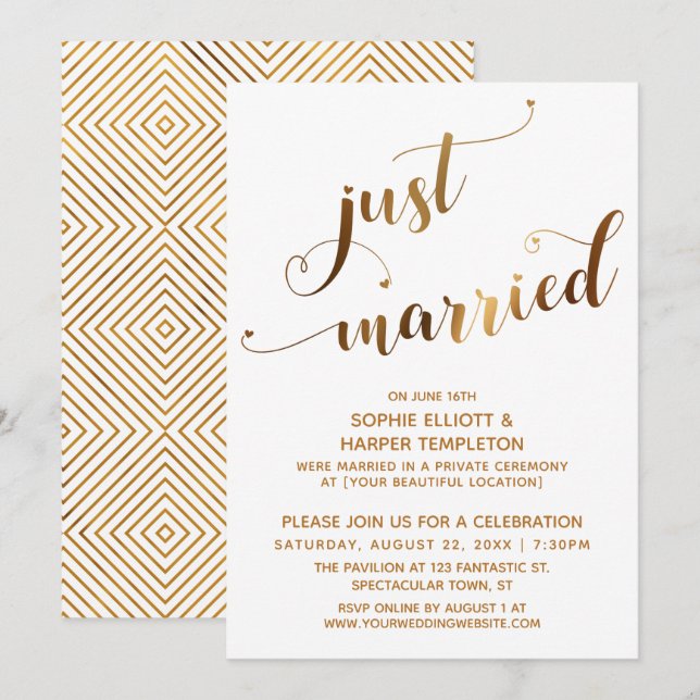 Faux Gold on White Just Married Post-Wedding Event Invitation (Front/Back)