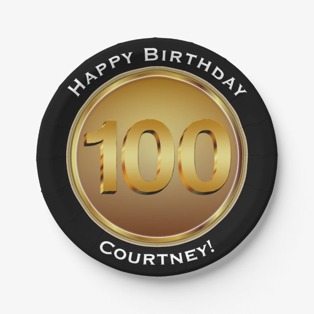 Faux Gold One Hundredth 100th Birthday with Name Paper Plates (Front)