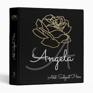 faux gold outlined rose flower, black floral binder