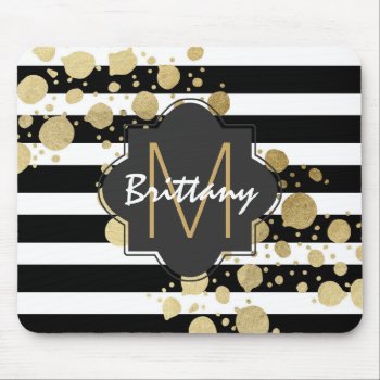 Faux Gold Paint Splatter On Black & White Monogram Mouse Pad by BlackStrawberry_Co at Zazzle