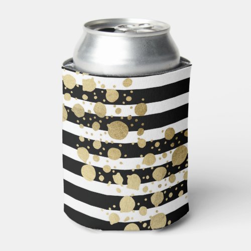 Faux Gold Paint Splatter on Black  White Stripes Can Cooler