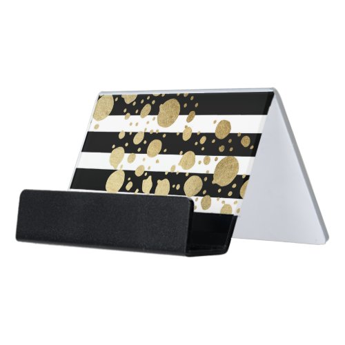 Faux Gold Paint Splatter on Black  White Stripes Desk Business Card Holder