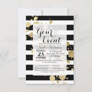 Faux Gold Paint Splatter on Black & White Stripes Invitation