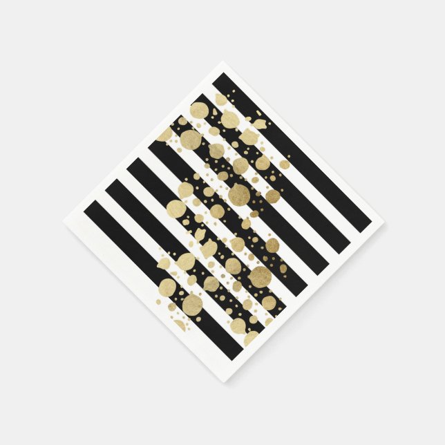 Faux Gold Paint Splatter on Black & White Stripes Napkins (Corner)