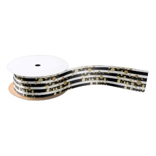 Faux Gold Paint Splatter on Black & White Stripes Satin Ribbon